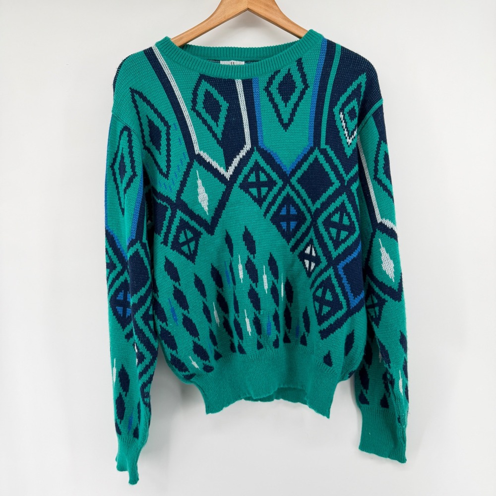 Vintage Bouvy Paris New York Teal Geometric Knit Sweater Mens Medium Yugoslavia